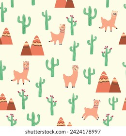 Cute pattern with llamas, cacti, Alps mountains, dream catcher, rainbows and hearts. Children's room design, printed fabric, wallpaper, packaging