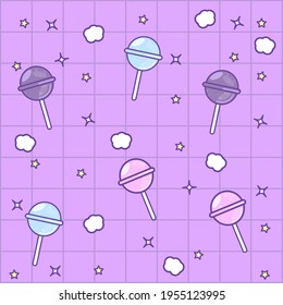 Cute pattern with lollipops on a purple background with a square grid.
