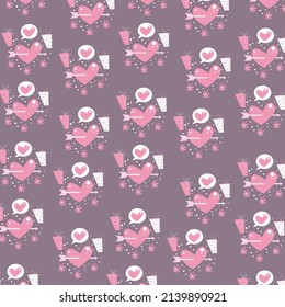 cute pattern with love heart arrows and flowers. Love concept. Vector cartoon illustration for packaging, poster, valentine's card, loved one's gift, postcard