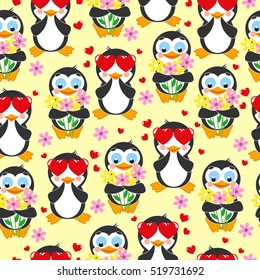 Cute pattern. Love penguin and penguin with bouquet of flowers on a yellow background.