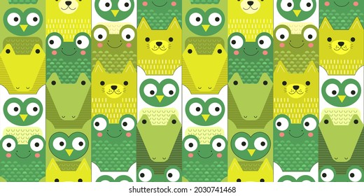 Cute pattern with lovely green geometric animals. Frog, crocodile, owl and cat. Stylized vector seamless print with funny fauna creatures.