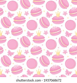 Cute pattern with macaroon (French confection of egg whites, icing sugar, ground almonds and food coloring), with crown, sakura flowers, and bow. Print for decor, textile, packaging, wrapping paper.