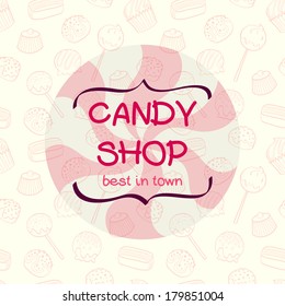 Cute pattern made of hand drawn doodle chocolate sweets with text box in shape of curved brackets. Cartoon candy background.