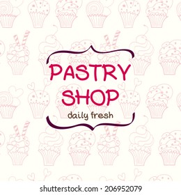 Cute pattern made of hand drawn doodle cupcakes with text box in shape of curved brackets. Cartoon cupcakes background.
