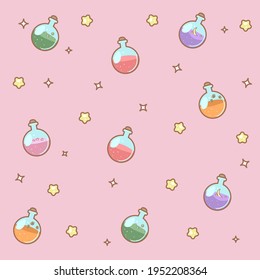 Cute pattern with a magic potion on a pink background.
