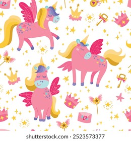 Padrão bonito com unicórnios mágicos, acessórios de princesa, estrelas. Fundo sem emenda do vetor
