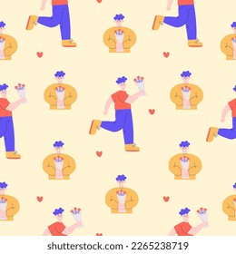 Cute pattern of man with bouquet of flowers