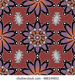 Cute pattern in mandalas flower. Dark brown background. Floral background. Vector.