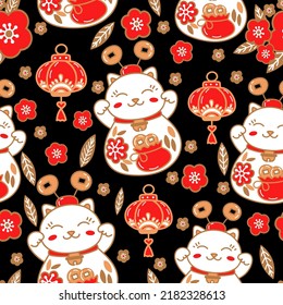 Cute pattern with maneki neko cats, good luck symbols and bright сhinese lanterns.