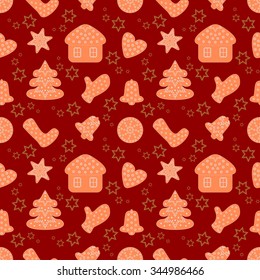 Cute pattern with many repeating decorated gingerbread cookies on the red background. Christmas and Happy New Year decoration symbol concept background. Seamless background vector pattern illustration