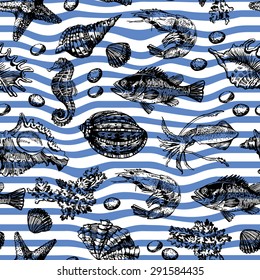 Cute pattern with marine life. Hand drawing. Seamless for fabric design, gift wrapping paper and printing and web projects.