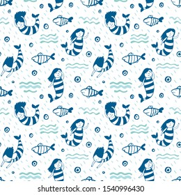 Cute pattern with mermaids and fish. Seamless background.