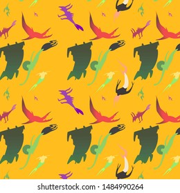 Cute pattern with mermaids and monsters on orange background
