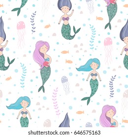 Cute pattern with mermaids on white background.