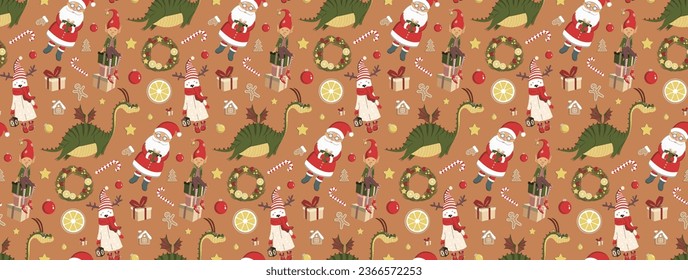 Cute pattern of Merry Christmas and Happy New Year characters and objects. Year of the Dragon. According to the Chinese calendar. Seamless Christmas pattern. Cheerful characters. On New Year's Eve.