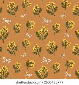 Cute pattern with mimosa flowers and bows. Vector illustration. Design for wallpaper, wrapping paper, clothing, cards and invitations. Vintage hand drawn art.