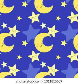Cute pattern with moon and star. Vector illustration.
