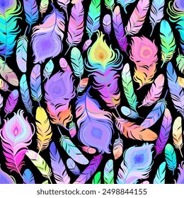 Cute pattern of multi-colored bright drawn feathers. Vector seamless illustration