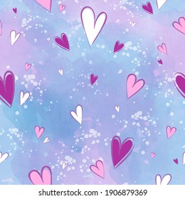 Cute pattern with multicolored hand-drawn doodle hearts on a lilac watercolor background. Beautiful minimalistic holiday background with watercolor texture.