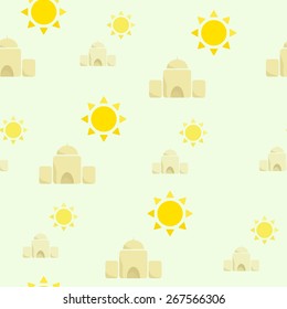 Cute pattern with museum and sun. Beautiful background