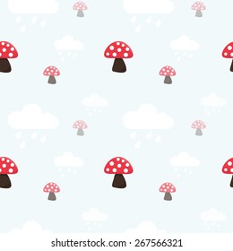 Cute pattern with mushrooms and clouds. Beautiful background