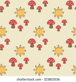 Cute pattern with mushrooms and suns. Beautiful background