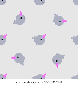 Cute pattern with narwhals on light blue or grey background. Vector illustration.