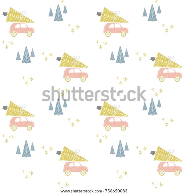 Cute Pattern in nordic style with pink\
cars, vector\
illustration\
