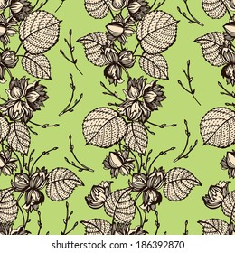 Cute pattern with nuts and leaves. Seamless for fabric design, gift wrapping paper and printing and web projects