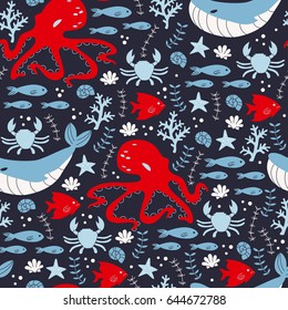 Cute Pattern with Octopus, Whale, Fish and Crab.