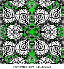 Cute pattern on black, white and green colors with cute elements. Seamless classic cute pattern. Vector traditional orient ornament.