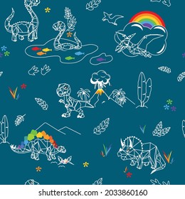 Cute pattern on a Dark Blue background with 'origami' Dino's and Rainbows. Stegosaurus, Pterodactylus, T-Rex, Brachiosaurus and Triceratops.