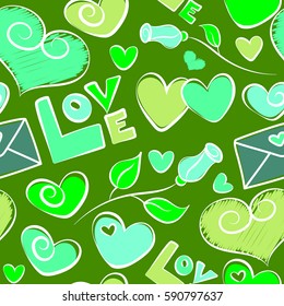 Cute pattern on green background. Vector hearts, rose flower, love letter and love text. Valentines day background.