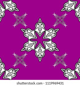 Cute pattern on purple, white and black colors with cute elements. Seamless vintage pattern on purple, white and black colors with cute elements. Christmas, snowflake, new year.