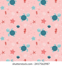 Cute pattern on the theme of the underwater world, pink background, for children's clothing, packaging, websites. Sea animals, sea turtle, starfish, seahorse, fish, abstract elements, bubbles