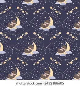 Cute pattern with otter, stars, clouds, fly, cartoon, sky