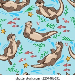 cute pattern with otters. Hand-drawn background for textiles, factories, children's clothing and more
