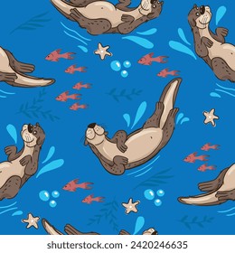 cute pattern with otters. Hand-drawn background for textiles, factories, children's clothing and more
