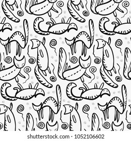 Cute pattern with outline cats silhouette with whiskers, paws and knotted clews. Black doodle line art contours of kittens texture for textile, wrapping paper, surface, wallpaper, cover, background