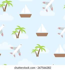 Cute pattern with palms, ships, plane . Beautiful background