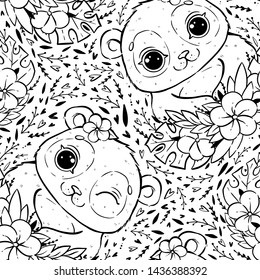 Cute pattern with panda and tropical leaves and flowers. Panda with open eyes and with a flower near the ear. Coloring page for antistress book