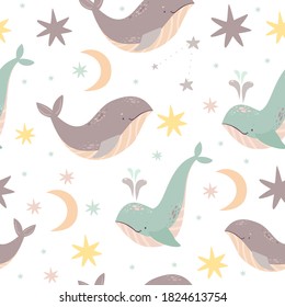 cute pattern in pastel colors, blue whale in the stars, background for kids, depth of the sea, space motives