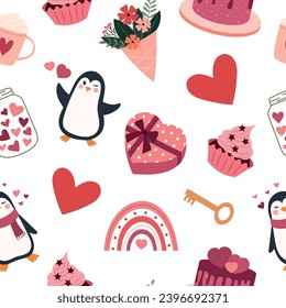 Cute pattern with penguins and Valentine's day elements