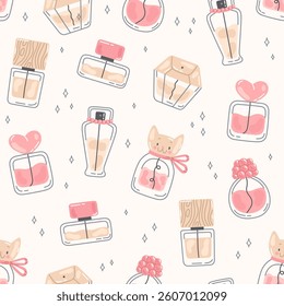 Cute pattern with perfumes. Seamless vector texture with different cartoon fragrance bottles on beige background. 