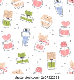 Cute pattern with perfumes. Seamless vector texture with different cartoon fragrance bottles on white background. 