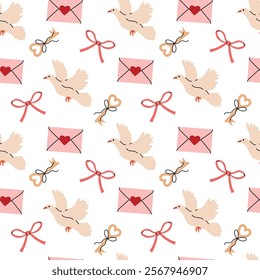 Cute pattern with pigeons, letters for Valentine's day. Holiday background for wrapping