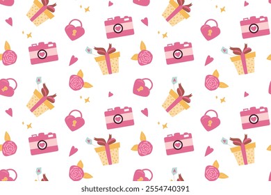 Cute pattern with pink gifts, hearts, locks, and flowers in playful design.