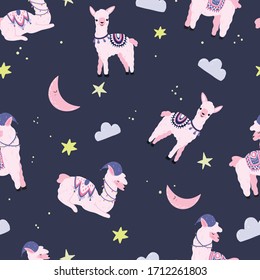 Cute pattern with pink llamas, month and stars. Pattern for textiles, cute pajamas or other elements for the bedroom and sleep.