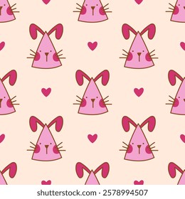 Cute pattern with a pink rabbit face on a party hat. Kawaii hat with a bunny. Element for print, texture, fabric, wrap. Vector illustration on a isolated background