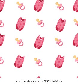 cute pattern in pink shades for a girl bodysuit and pacifier on a transparent background